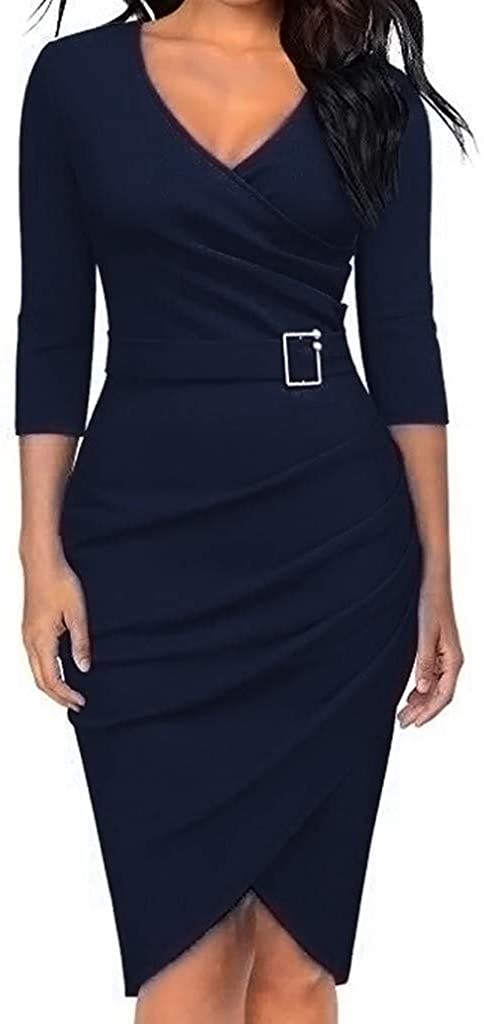 Price:$12.79 Women's Sexy V-Neck Hip Dress, E-Scenery Solid Color Long Sleeve Hem Party Skinny Pencil Formal Dress at Amazon Women’s Clothing store