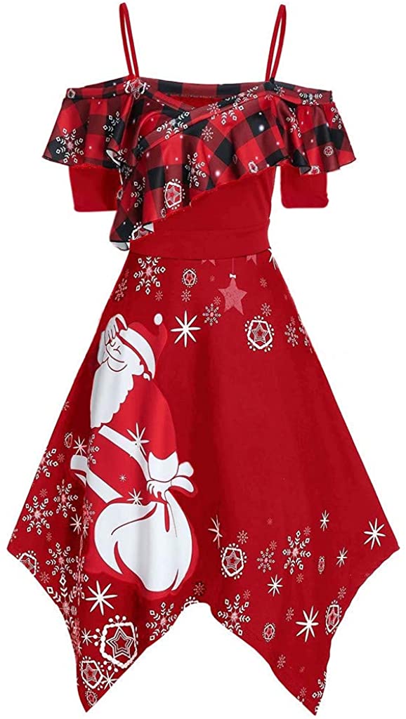 Price:$0.12    Dunacifa Women's Plus Size Christmas Vintage Dresses Santa Snowflake Print Camis Long Sleeve Party Dress  Clothing