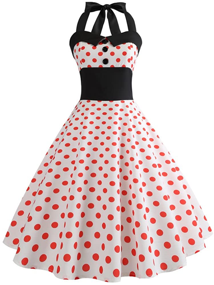 Price:$2.17 Women Summer Dreses Elegant Print Sleeveless Halter Vintage Tea Dress with Belt Evening Party Ball Gown Sundress at Amazon Women’s Clothing store