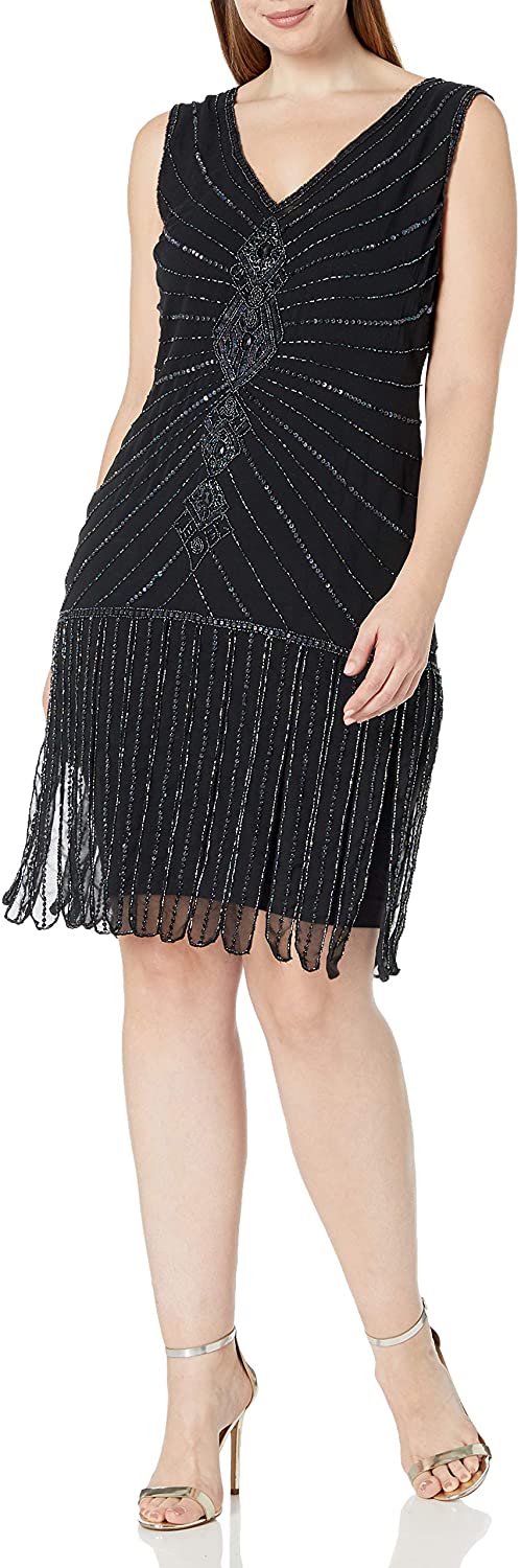 Price:$119.99    Unique Vintage Women's Plus Size 1920s Deco Beaded Fringe Aelita Flapper Dress, Black, 2X  Clothing