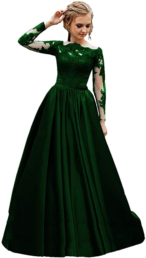 Price:$89.98 QBEBRIDAL Women's A-line Scoop Neck Long Sleeve Lace Appliques Prom Gown at Amazon Women’s Clothing store