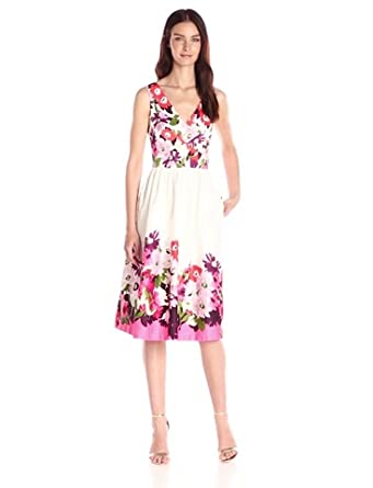 Price:$134.87    Donna Morgan Women's Sleeveless Cotton Sateen V-Neck Dress with Full Skirt, Tobaggon/Multi, 8  Clothing
