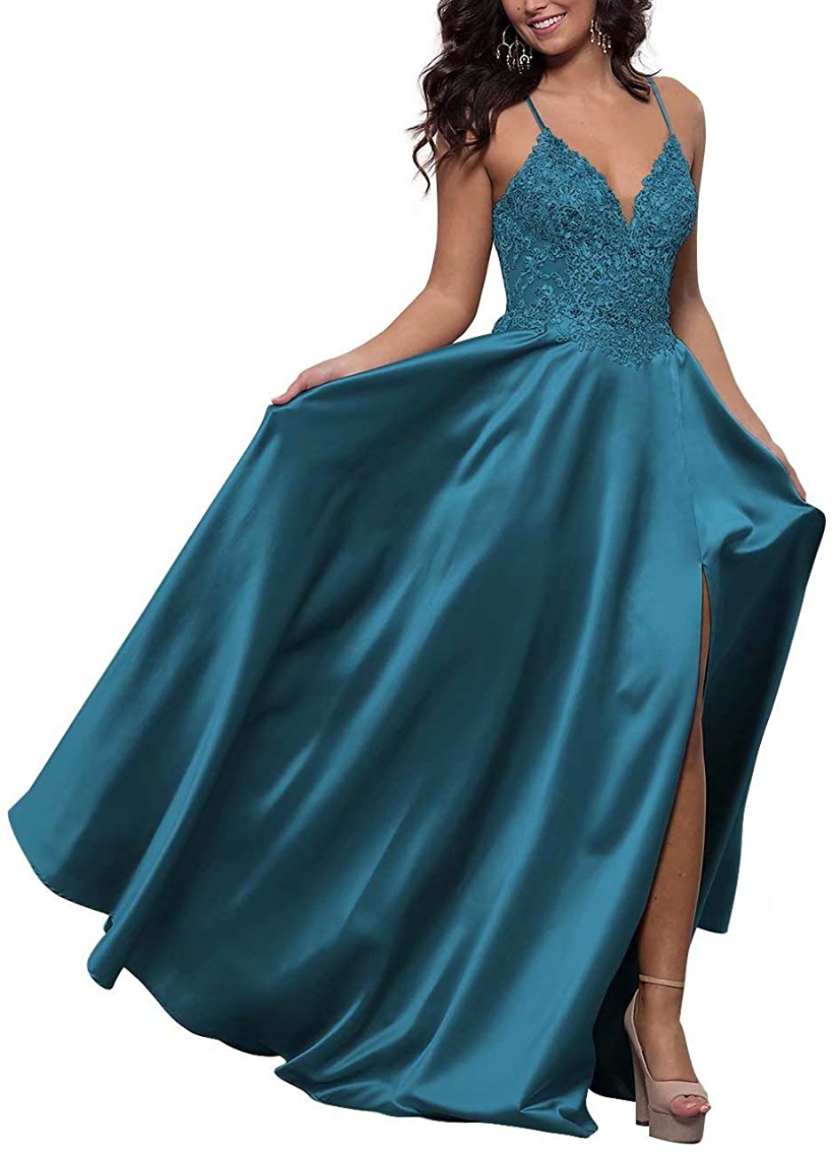 Price:$79.99 Lilibridal Satin V-Neck Prom Dress High Slit Lace Applique Beaded Cross-Back Long Formal Evening Gown with Pockets at Amazon Women’s Clothing store