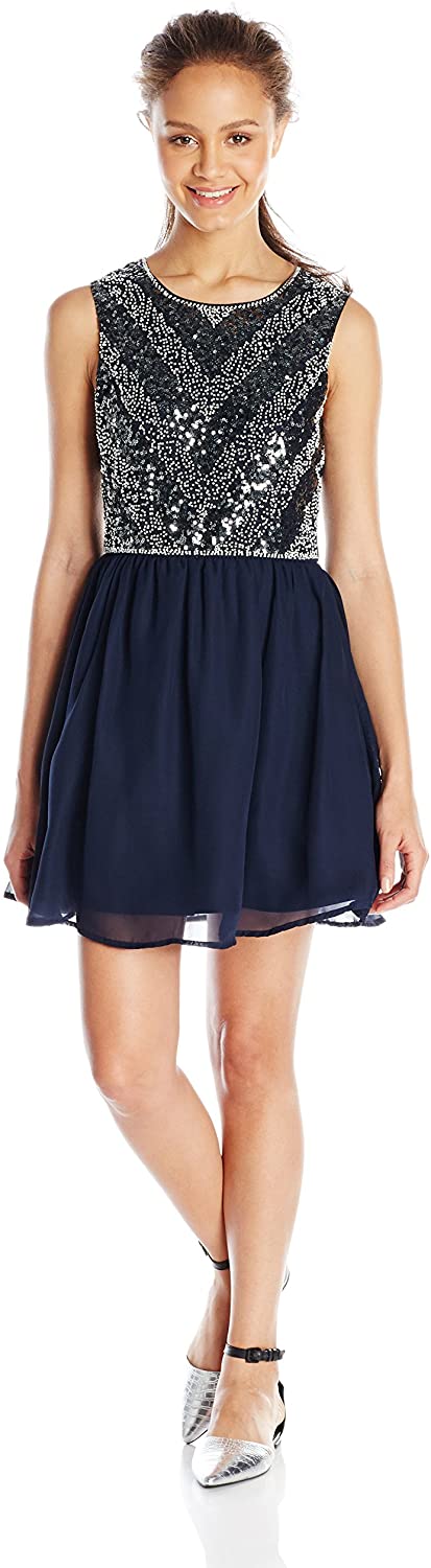 Price:$44.20    As U Wish Junior's Beaded Chevron Short Prom Dress  Clothing