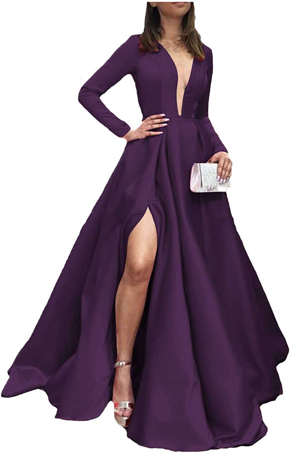 Price:$59.99 Women's Long Sleeves Plunging Neckline Satin Prom Dress with Slit Formal Evening Gowns at Amazon Women’s Clothing store