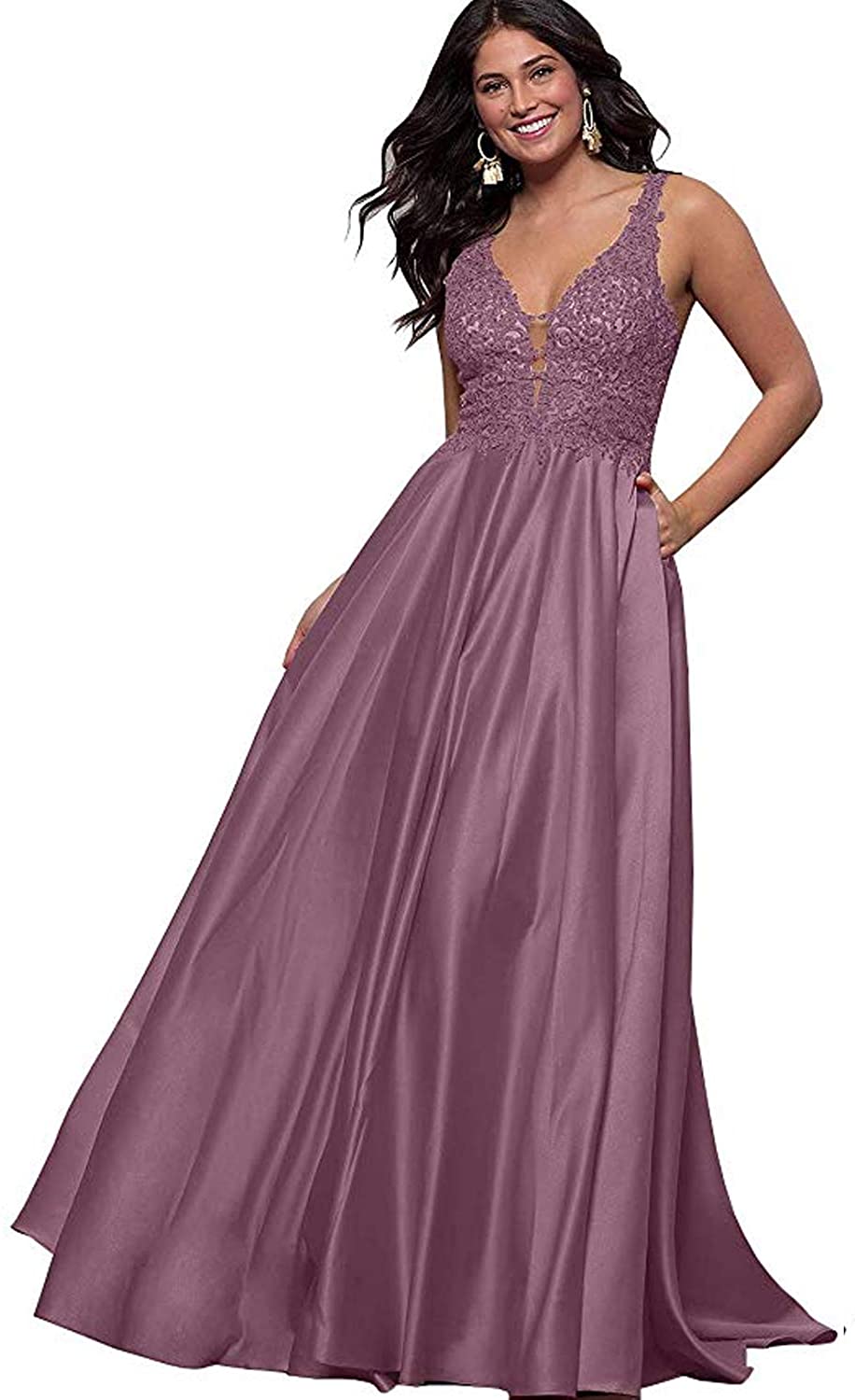 Price:$69.99 Stylefun Women V Neck Prom Dresses Long A Line Lace Satin Formal Evening Gowns with Pockets HD29 at Amazon Women’s Clothing store