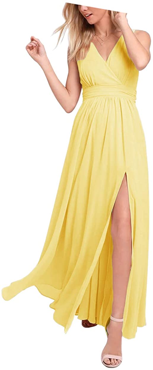 Price:$40.99    GAGC Women's Formal A Line Chiffon Bridesmaid Dresses Slit V Neck Party Gowns Sleeveless  Clothing