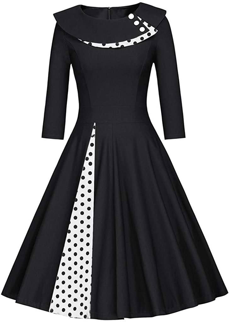Price:$9.64    Rakkiss Fashion Womens Long Sleeve Vintage Dress O-Neck Retro Dot Print Patchwork Dress Black  Clothing