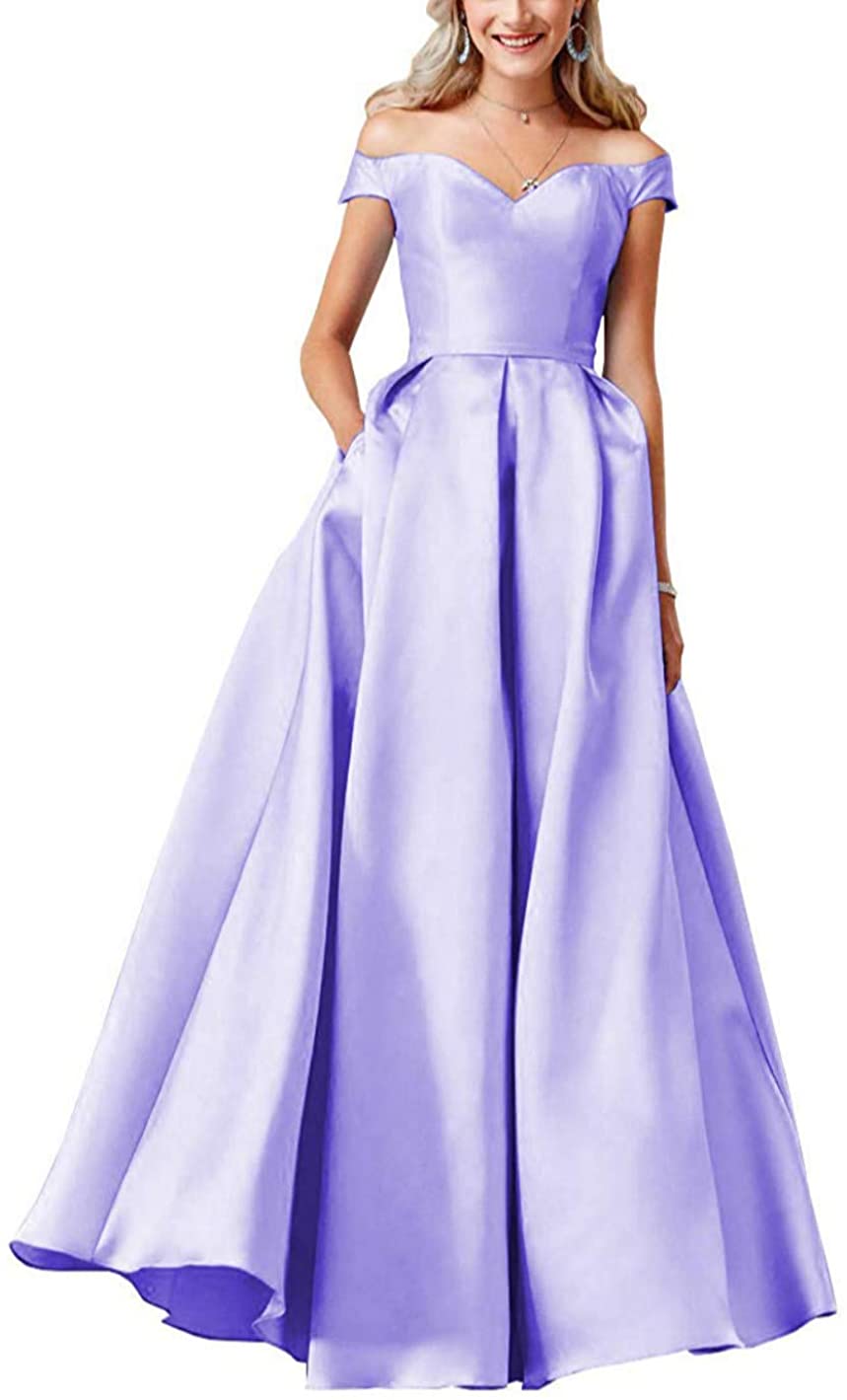 Price:$5.00 Clothfun Off Shoulder Prom Dresses Long 2020 Formal Dresses for Women Evening Gowns Satin A-Line with Pockets at Amazon Women’s Clothing store