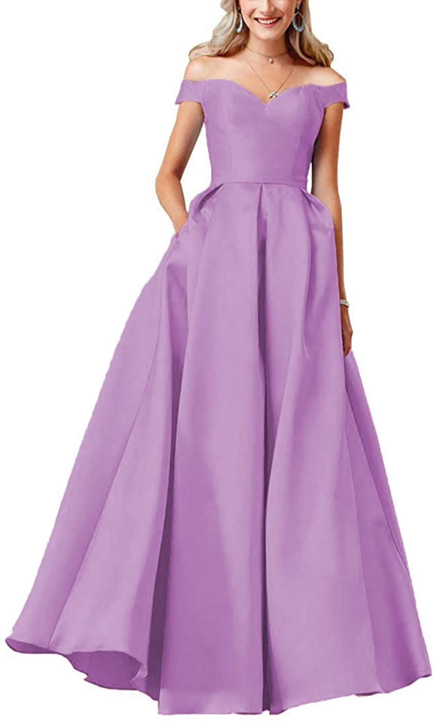 Price:$5.00 Clothfun Off Shoulder Prom Dresses Long 2020 Formal Dresses for Women Evening Gowns Satin A-Line with Pockets at Amazon Women’s Clothing store