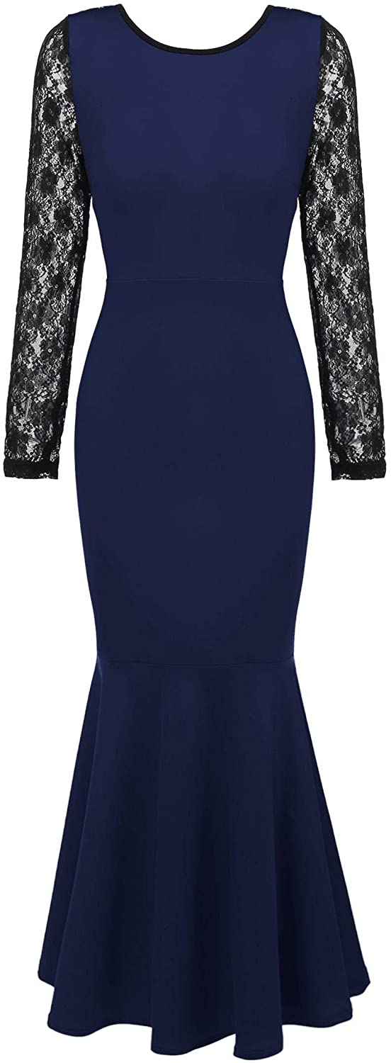 Price:$23.99    ANGVNS Womens Flare Sleeves Long Dress Patchwork Hollow Out Slim Fit Evening Party Mermaid Dress  Clothing