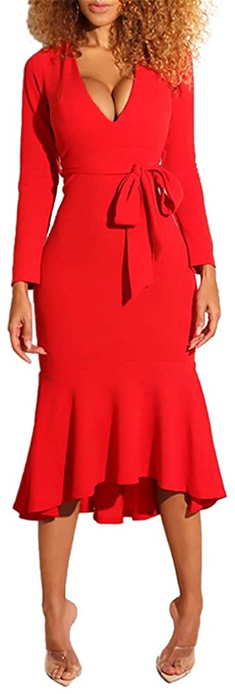 Price:$27.99 Adogirl Women's Sexy Ruffle Long Sleeve Deep V Midi Dresses Cocktail Party Club Bodycon Dress at Amazon Women’s Clothing store