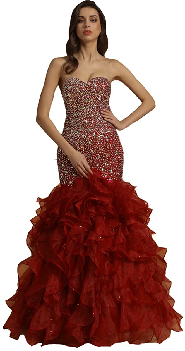 Price:$136.99    Lemai Crystals Long Mermaid Ruffles Corset Formal Prom Evening Dress  Clothing