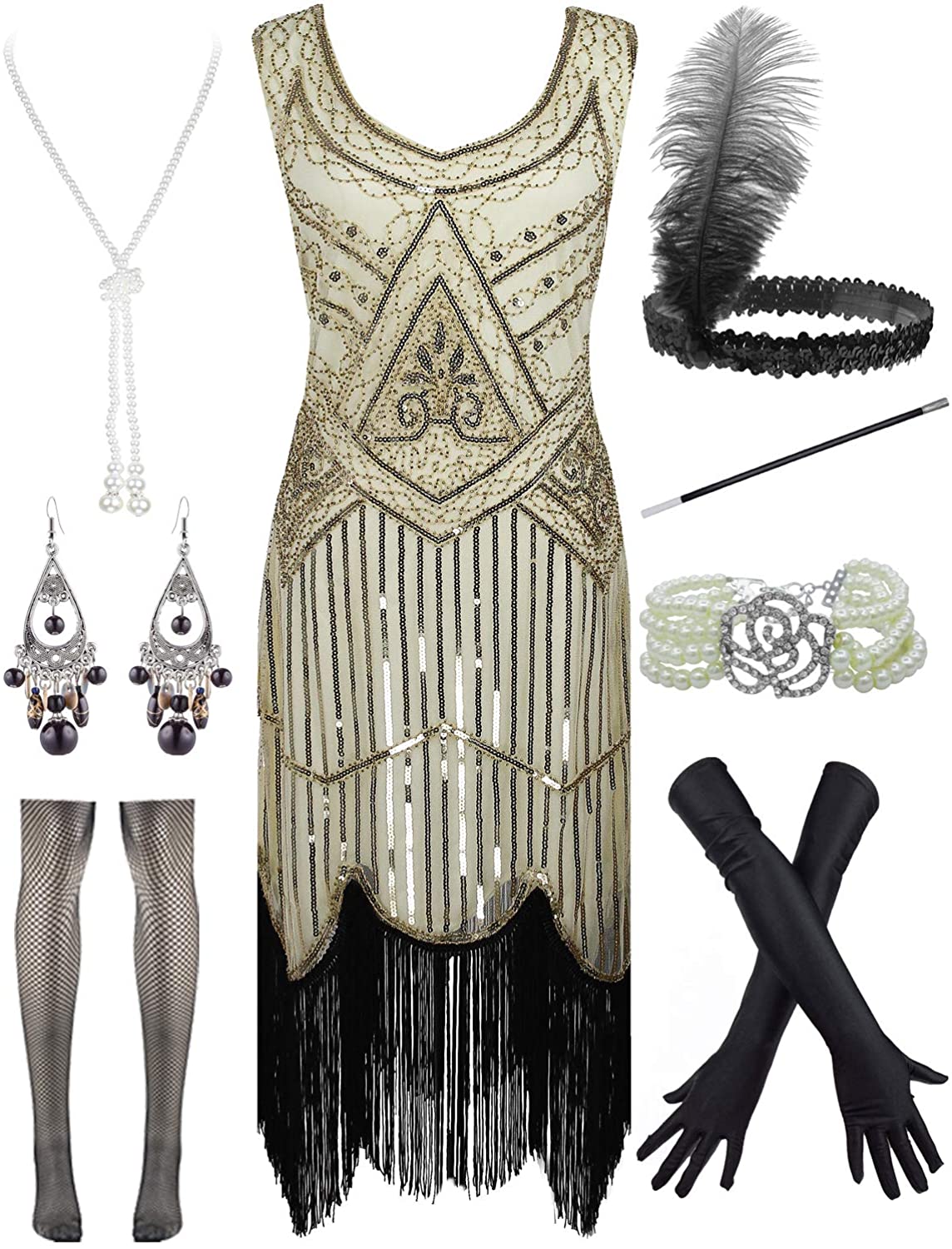 Price:$43.99 Women Plus Size 1920s Gatsby Sequin Fringed Paisley Flapper Dress with 20s Accessories Set at Amazon Women’s Clothing store