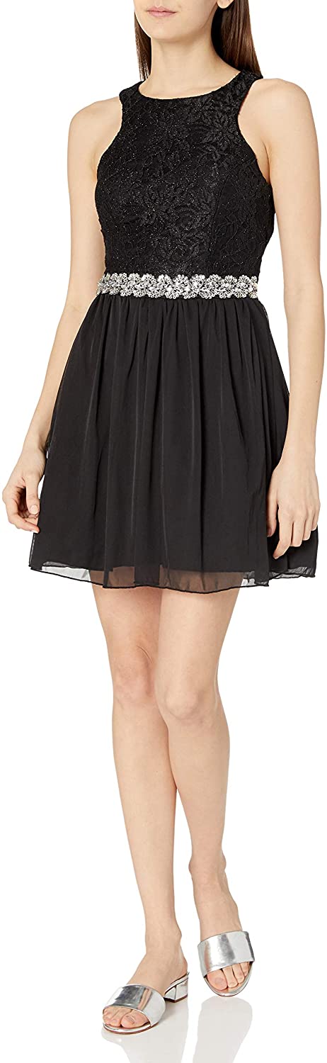 Price:$58.81    Speechless Juniors Lace/Chiffon Tonal Cut in Tank Dress, Black, 3  Clothing