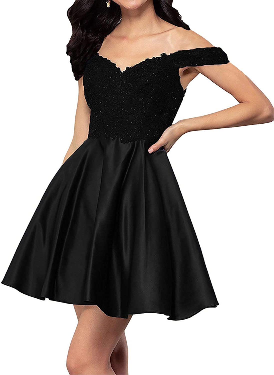 Price:$49.99 Shibel dress Women's Off The Shoulder Satin Homecoming Dresses Appliques Beads Short Prom Dress with Pockets at Amazon Women’s Clothing store