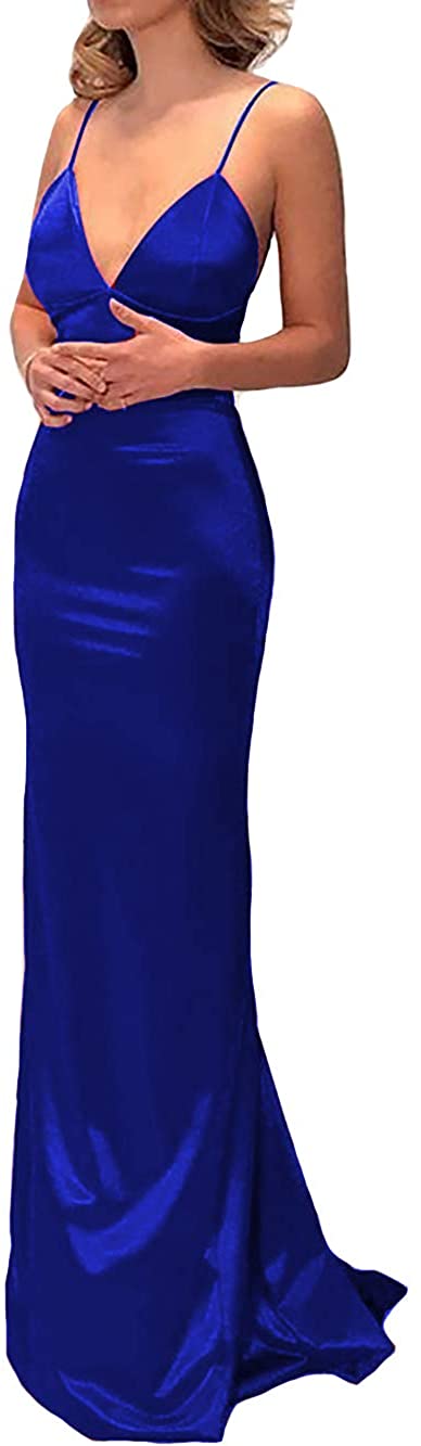 Price:$6.96    IVYPRECIOUS Women's Sheath Column Spaghetti Straps V-Neck Sweep Train Silk Like Satin Backless Prom Dresse  Clothing