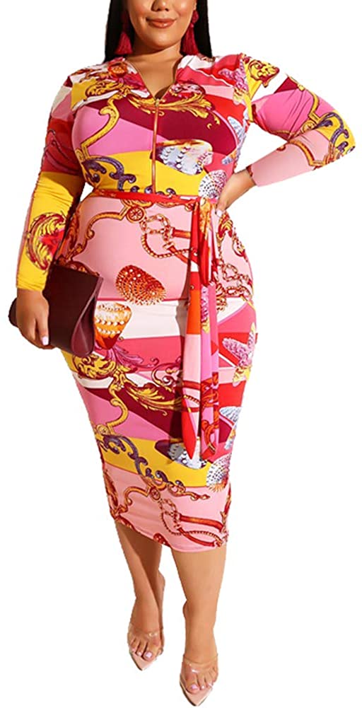 Price:$9.99    Sprifloral Women Plus Size Bodycon Dress - Sexy Zipper V Neck Long Sleeve Belted Stretchy Pencil Midi Dress  Clothing
