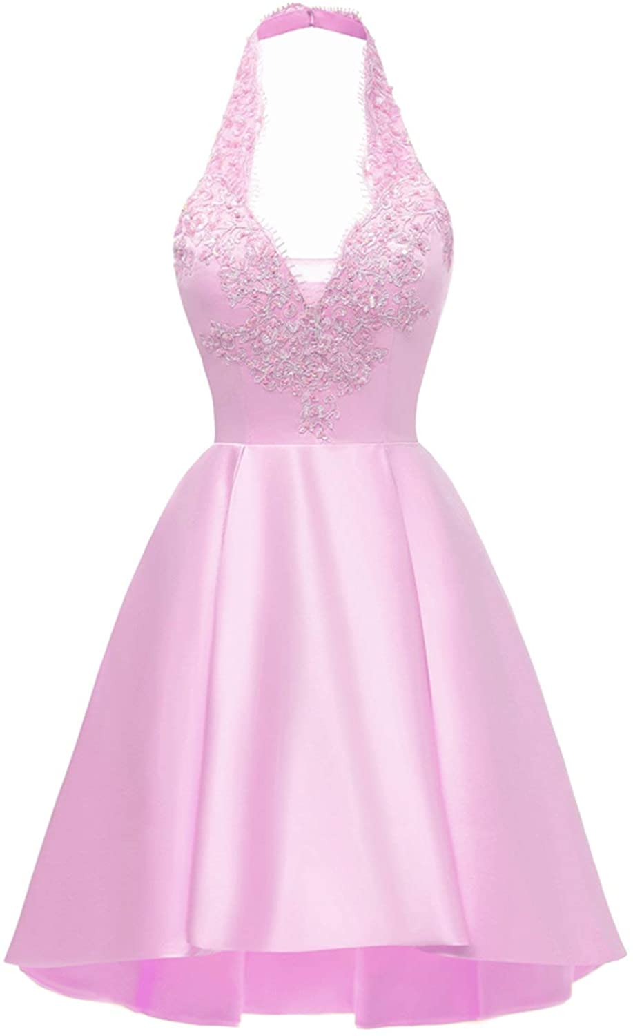 Price:$65.99    Women's Halter Beaded Prom Dresses Short Applique Homecoming Dress Backless HM02  Clothing