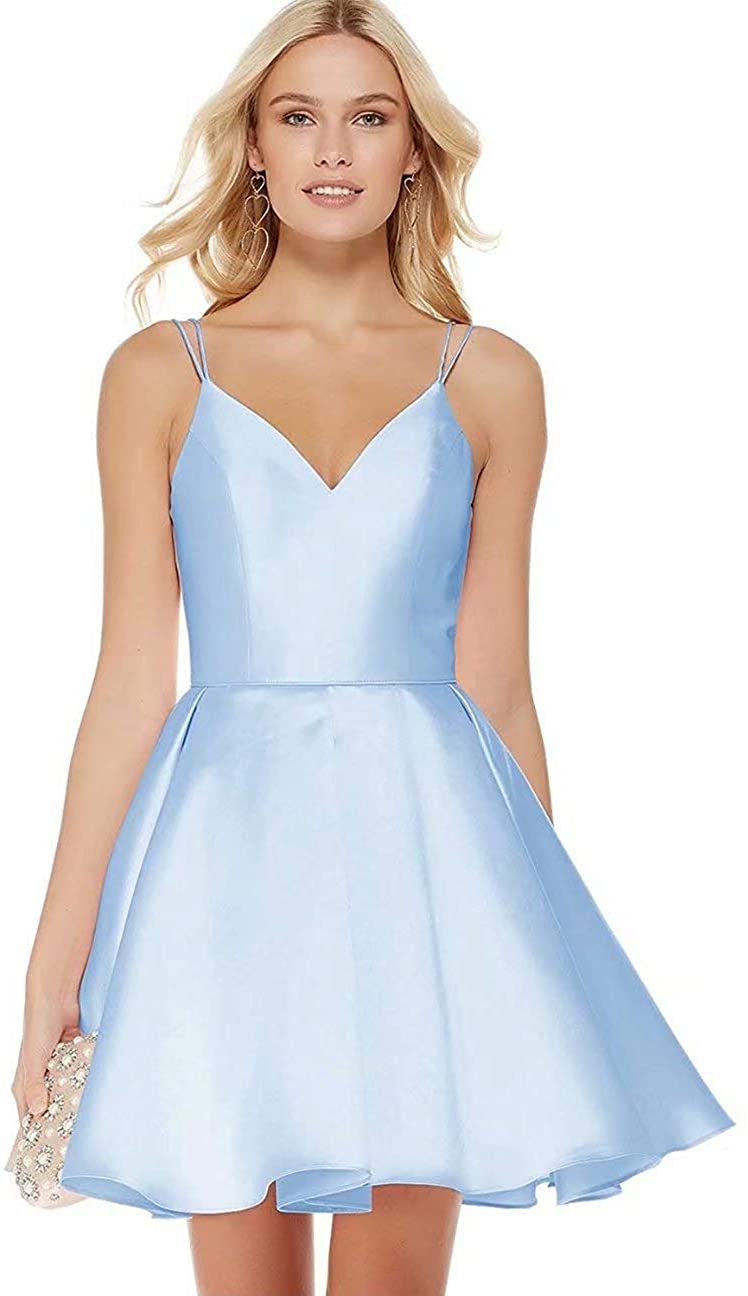 Price:$49.99    FNKS CRAFT V-Neck Homecoming Dress A-Line Simple Satin Prom Cocktail Party Gowns  Clothing