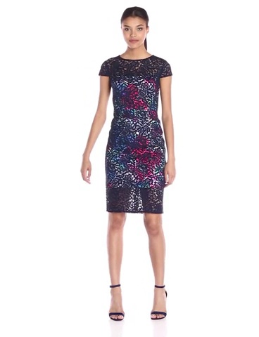 Price:$89.98    Betsey Johnson Women's Lace/Transparent Scuba Floral Midi Dress, Black/Multi, 2  Clothing