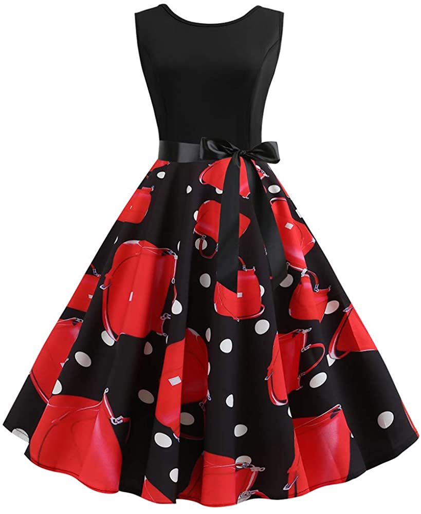 Price:$22.99    QZUnique Women's 50s Audrey Hepburn Vintage Round Neck Sleeveless Elegant Floral Belted Swing Cocktail Party Dress  Clothing