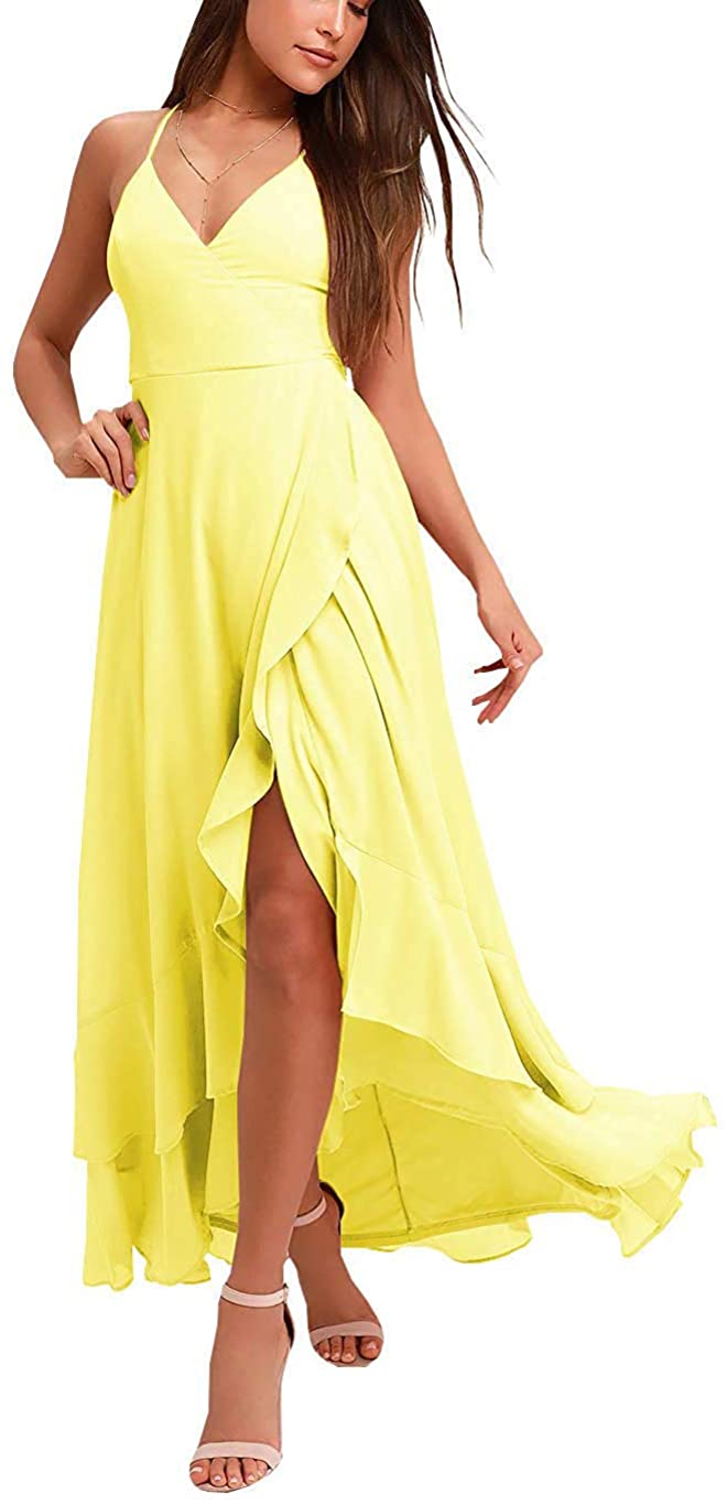 Price:$48.09    ZLQQ High Low Short Bridesmaid Dress V Neck Ruffled Chiffon Slit Prom Homecoming Gown  Clothing