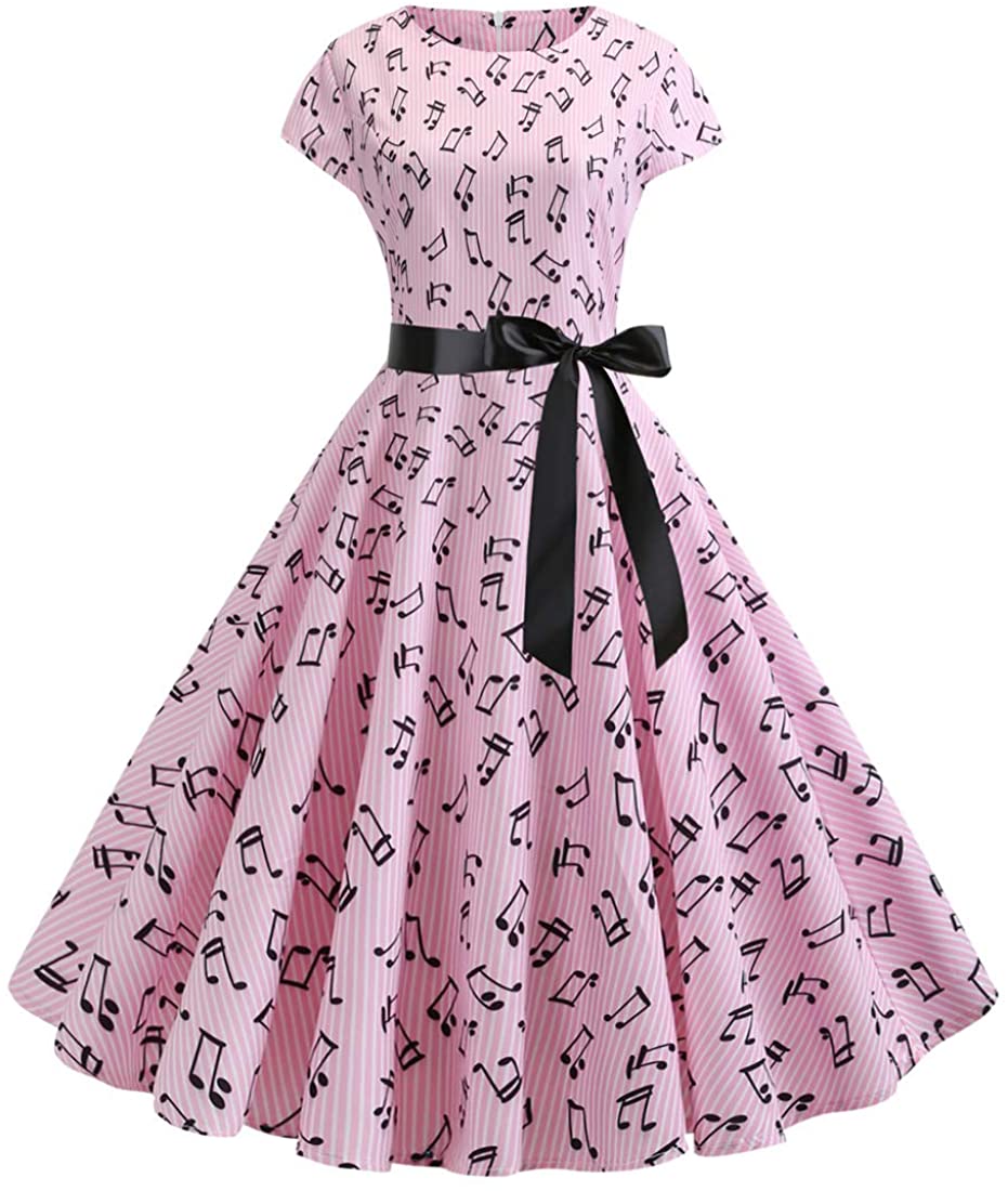 Price:$11.99 Wellwits Women's Cap Sleeves Music Note Print 1950s Vintage Swing Dress at Amazon Women’s Clothing store