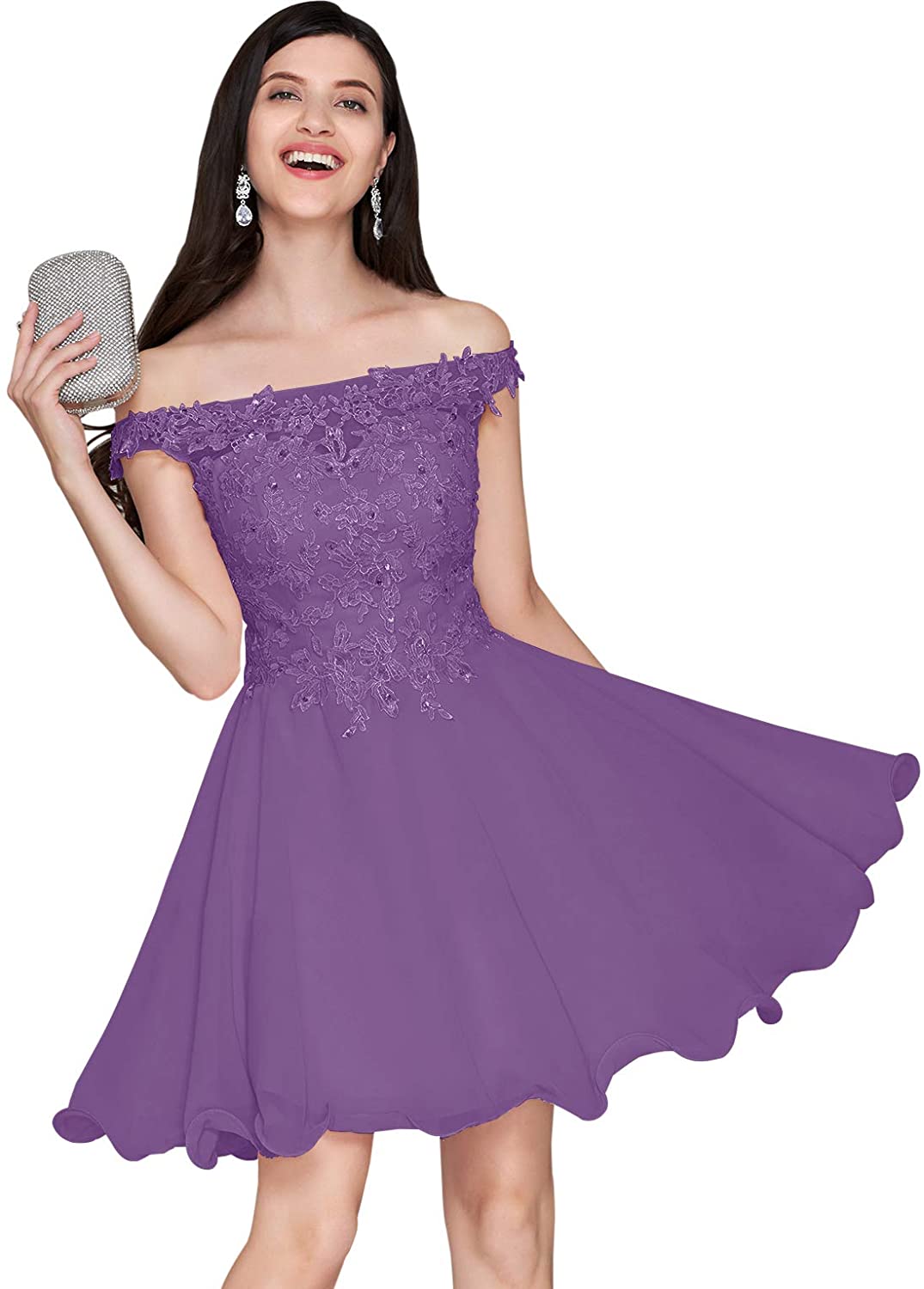 Price:$89.90    Off The Shoulder Bridesmaid Dress Chiffon Short Lace Wedding Formal Dress Plus Size Purple Size 22  Clothing