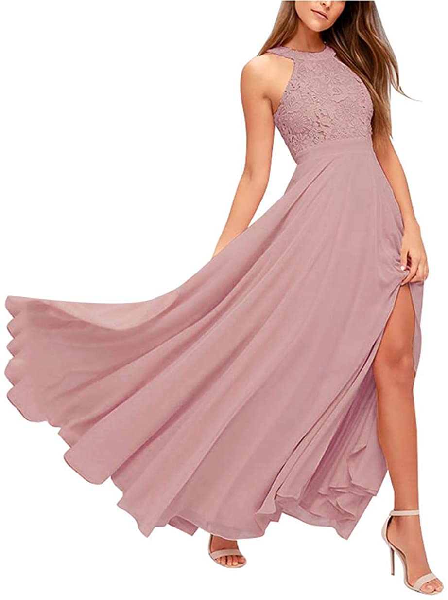 Price:$79.99 yinyyinhs Halter Lace Bridesmaid Dresses Long Slit Chiffon Evening Prom Gown at Amazon Women’s Clothing store