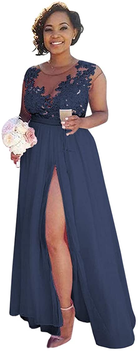 Price:$179.00    Women's Scoop Neck Lace Bodice Formal Dress A-line Slit Chiffon Bridesmaid Dress Navy BlueC US24  Clothing