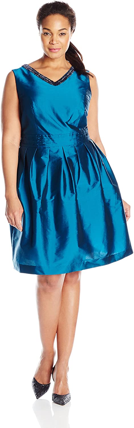 Price:$135.68    ELLEN TRACY Women's Plus-Size Sleeveless V Beaded Neck Fit and Flare, Peacock, 18W  Clothing