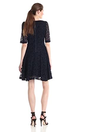 Price:$44.99    Betsey Johnson Women's Mid Sleeve Flock Lace Fit/Flare Dress, Navy, 4  Clothing