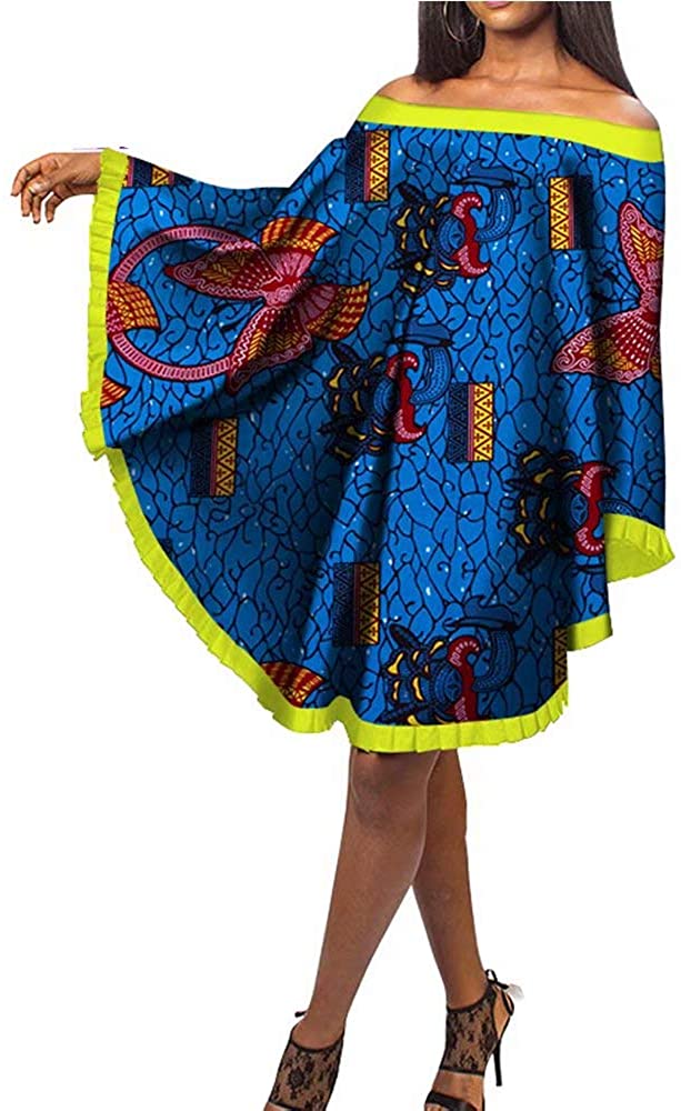 Price:$45.00    iooiooi Womens Off Shoulder African Poncho Dress Summer Ankara Ruffle Mini Dress  Clothing