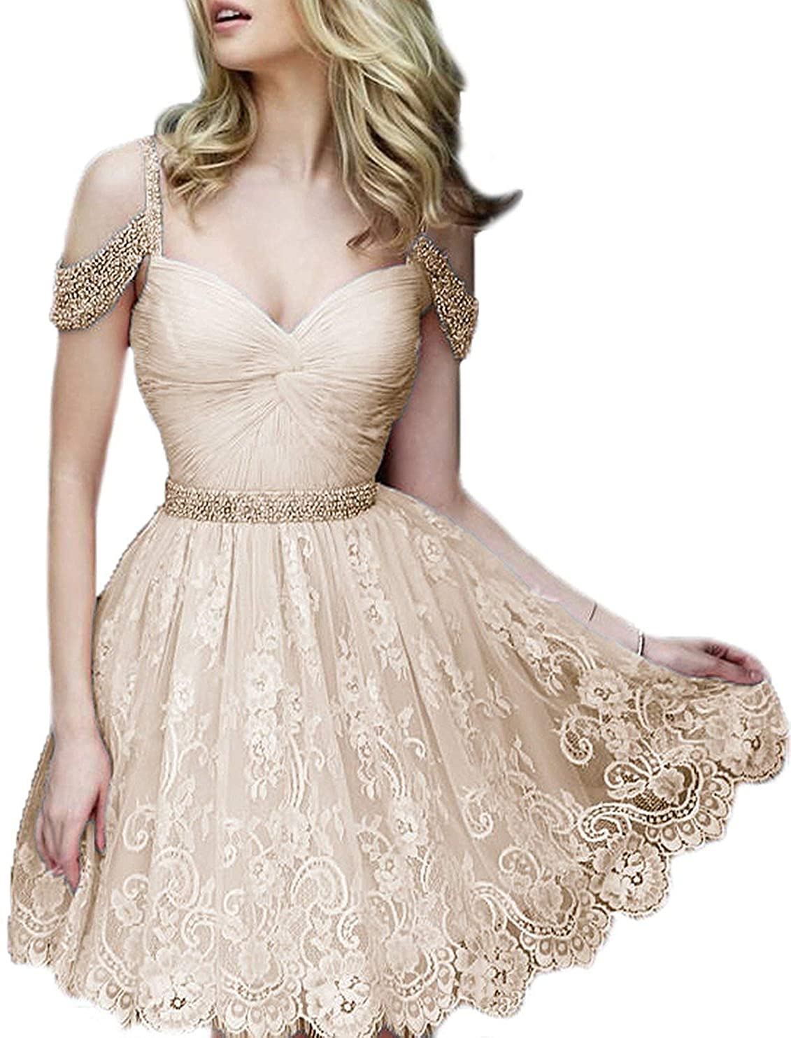 Price:$79.99    Zaozc Women's Short Spaghetti Straps Homecoming Dresses Beaded Lace Prom Party Gown  Clothing