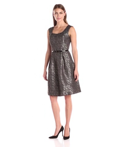 Price:$75.20    Kasper Women's Cap Sleeve Pleated Skirt Dress with Belt, Black/Silver, 8  Clothing