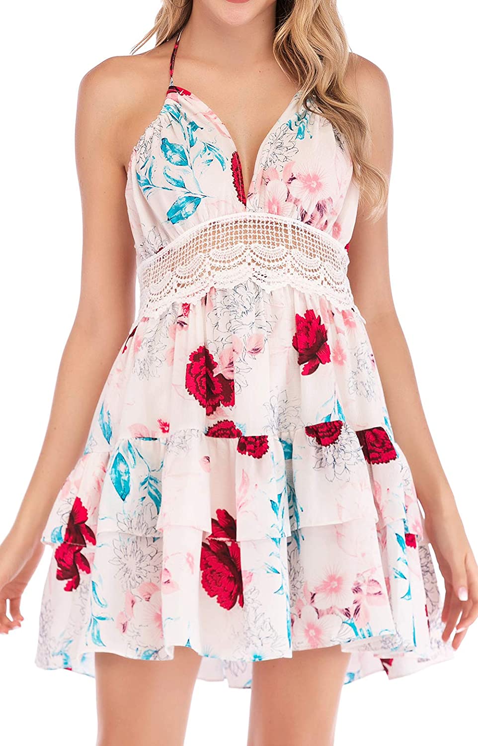 Price:$9.99 Women's Floral Spaghetti Strap Dress A Line Backless Summer Swing Dresses at Amazon Women’s Clothing store