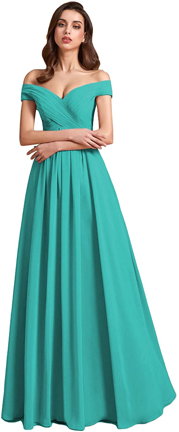 Price:$5.00 Clothfun Off Shoulder Bridesmaid Dresses for Women Long Chiffon Formal Dresses with Pockets 2020 at Amazon Women’s Clothing store