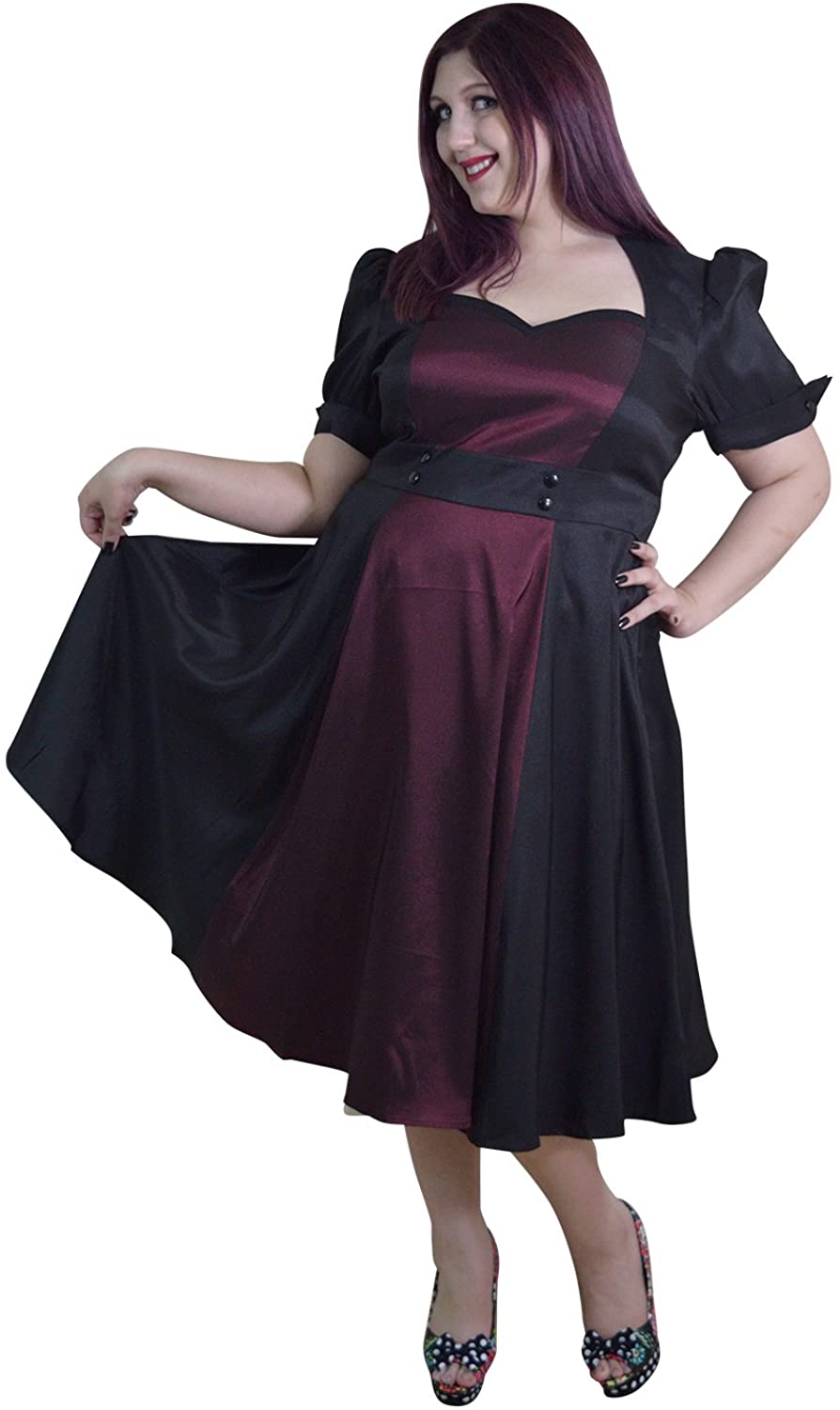 Price:$39.95    Plus Size Vintage 60's Queen of Hearts Two Tone Black and Burgundy Satin Dress  Clothing