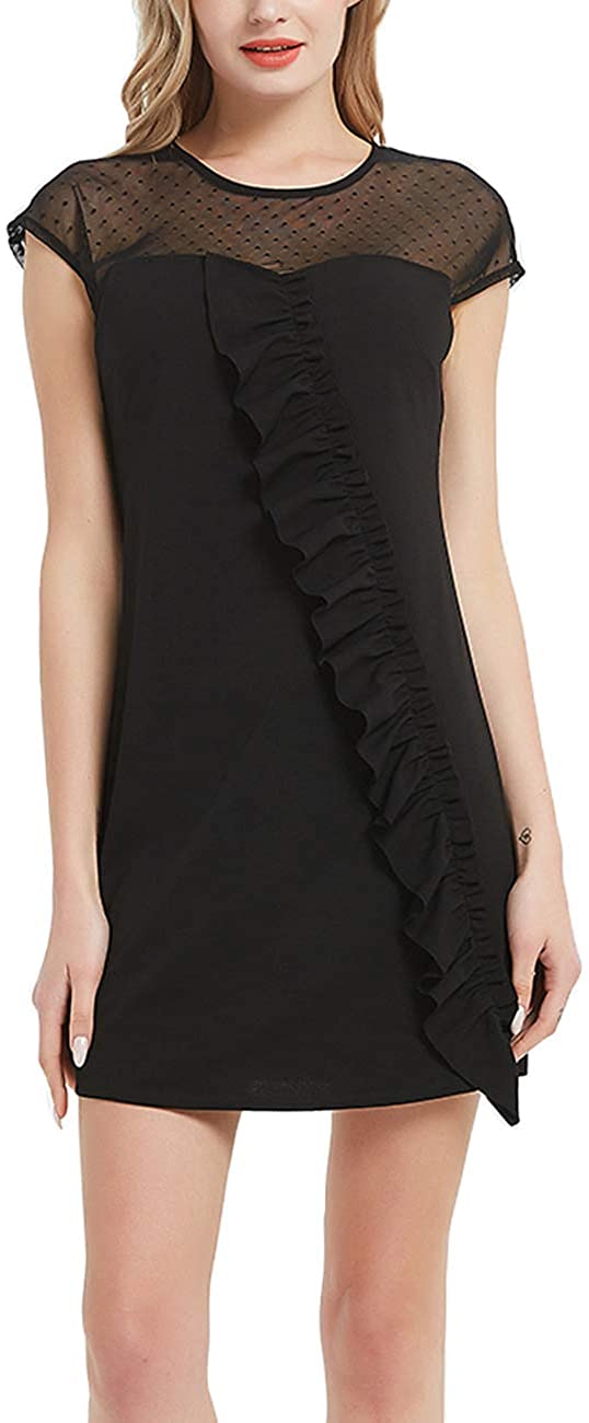 Price:$9.99 uguest Women's Elegant Short Mesh Sleeve O-Neck Ruffle A-Line Cocktail Party Mini Dress Black at Amazon Women’s Clothing store