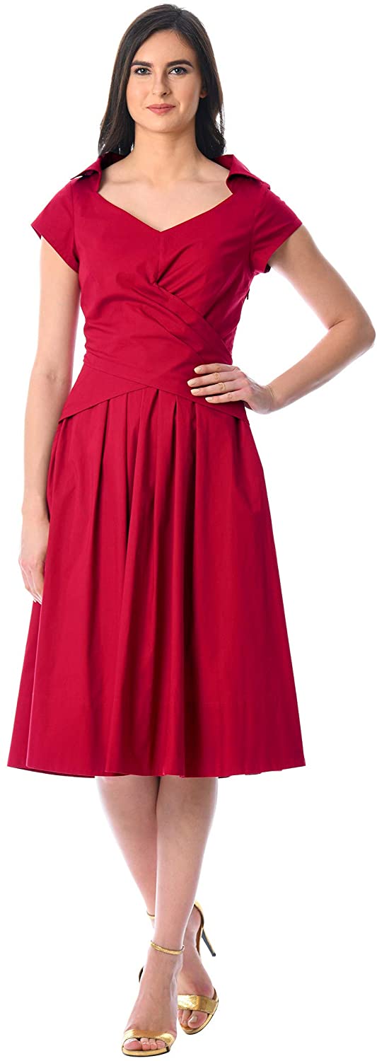 Price:$59.95    eShakti FX Pleat Cross Front Cotton poplin Dress Lakehouse red  Clothing
