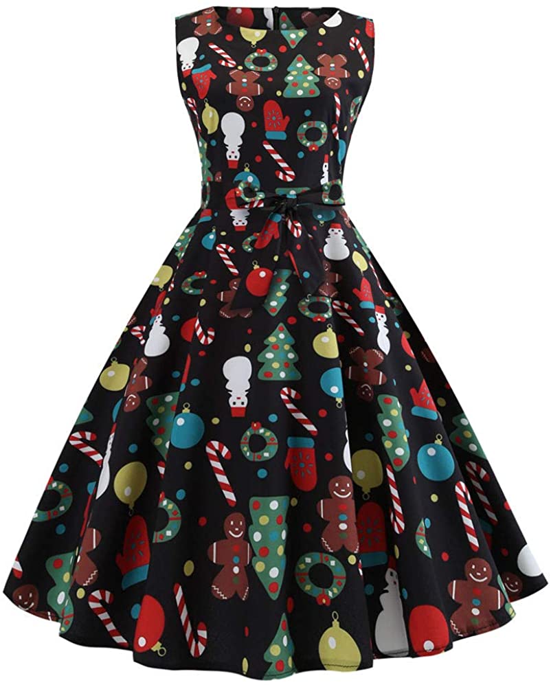 Price:$3.97 vermers Women Dresses, Women's Vintage Print Sleeveless Pleated Dresses Christmas Evening Party Swing Dress at Amazon Women’s Clothing store