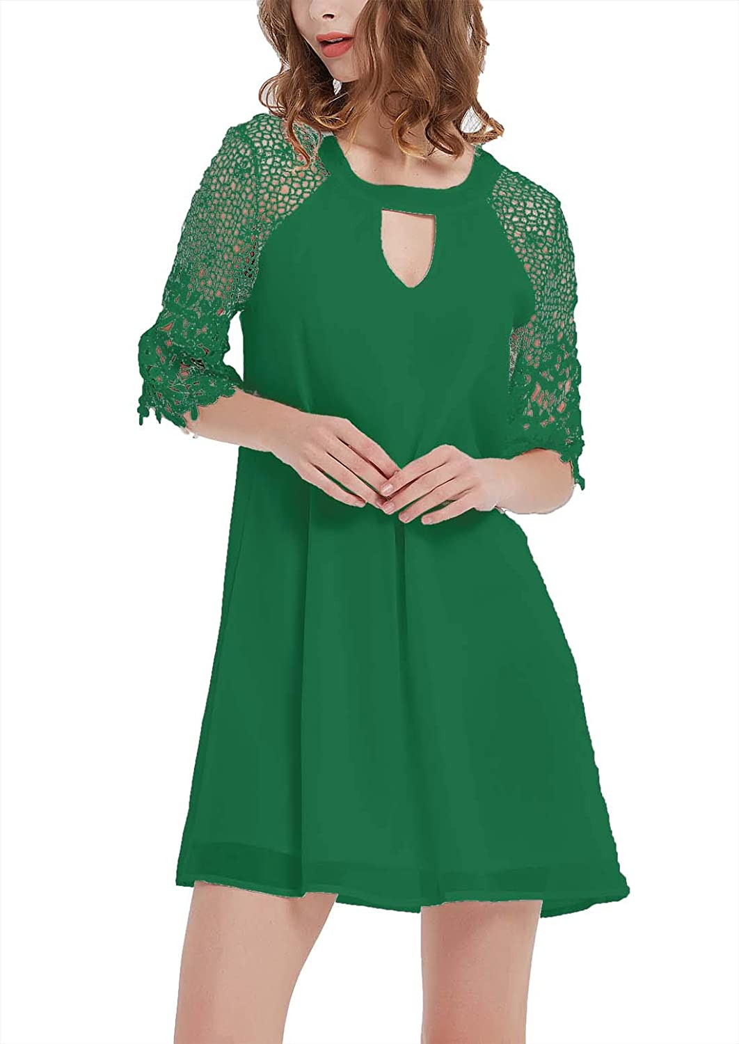 Price:$13.79 DREAGAL Women's Sleeveless Lace Patchwork Loose Casual Mini Chiffon Dress at Amazon Women’s Clothing store