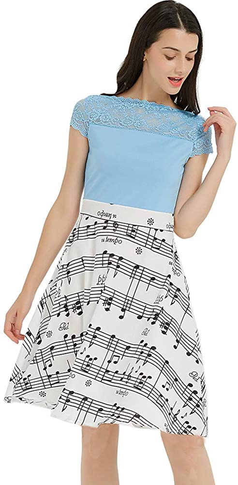 Price:$16.91 Artkingdome Women's Retro One-Shoulder Lace Music Note Print Dress at Amazon Women’s Clothing store