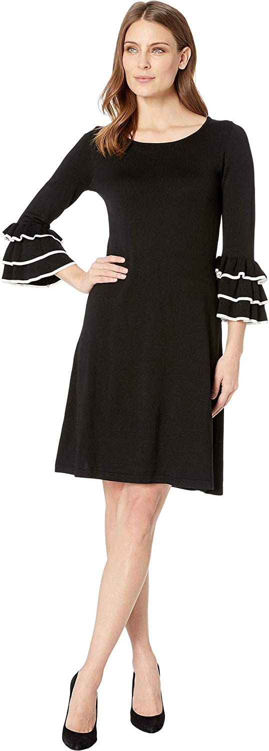 Price:$85.00 Gabby Skye Piped Ruffle Sleeve Sweater Dress Black/Ivory LG at Amazon Women’s Clothing store