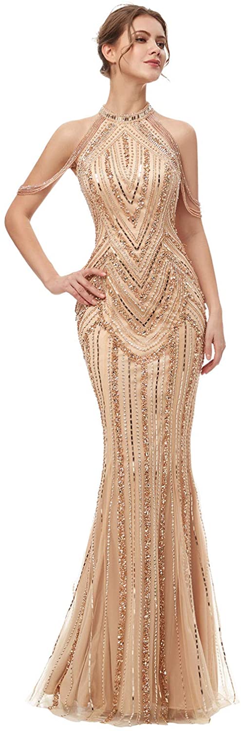 Price:$84.90    Clearbridal Women's Long V-Neck Beaded Prom Dresses Mermaid Backless Evening Dress 2020 Plus Size  Clothing