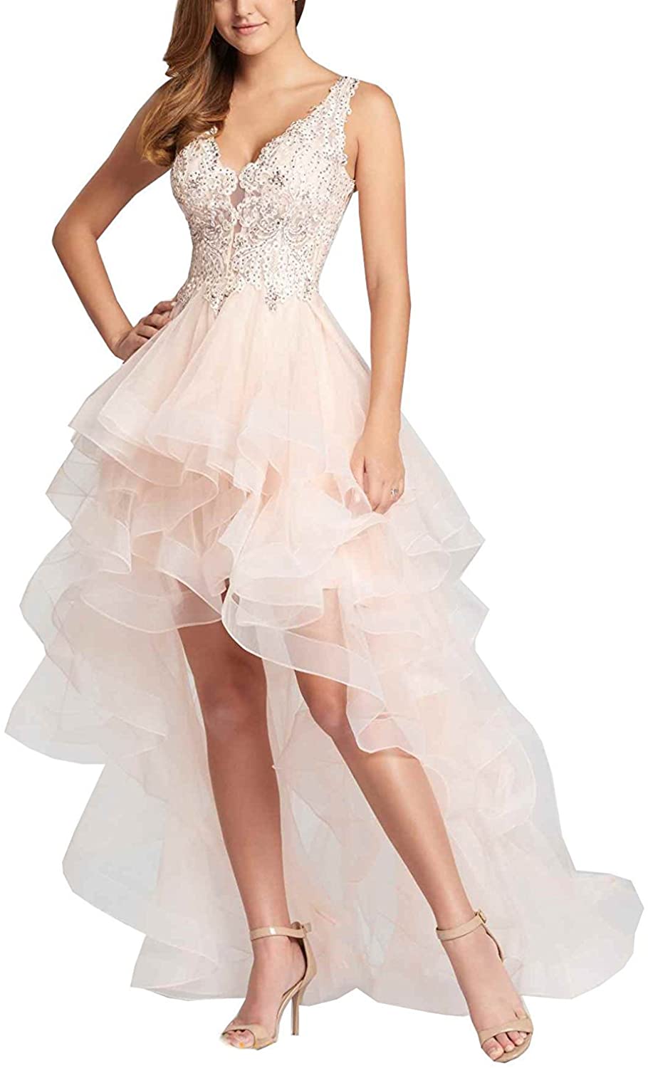 Price:$89.00    Aurora Bridal Women's Tulle High Low Prom Evening Gowns A008 2 Blush  Clothing