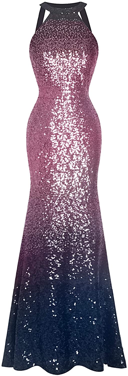 Price:$0.00 Fazadess Women‘s Round Neck Sparkling Gradual Sequin Backless Sexy Mermaid Evening Prom Dress Pink Blue at Amazon Women’s Clothing store