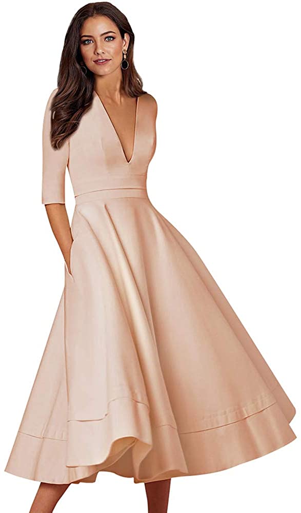 Price:$34.99 LALAGEN Womens Vintage 3/4 Sleeve V Neck Flare Plus Size Cocktail Party Midi Dress at Amazon Women’s Clothing store