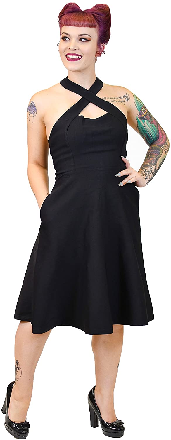Price:$69.99    Revolver Clothing Co Retro Vintage Inspired Pin up 50s Rockabilly Perfect Little Black Dress with Pockets Cocktail Prom Holiday Party Classy Head Turner Flattering Stretchy Material S-2X (Small)  Clothing